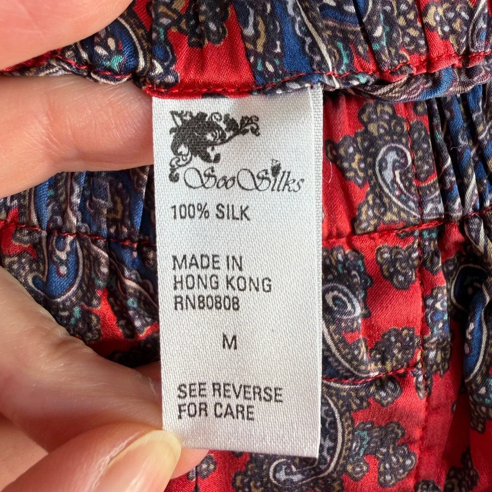 Vintage Soo Silks Medium Pajama Pants 100% Silk Paisley Elastic Waist Red Blue